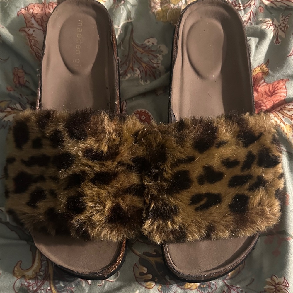 Madden Girl Brown Leopard Faux Fur Slippers